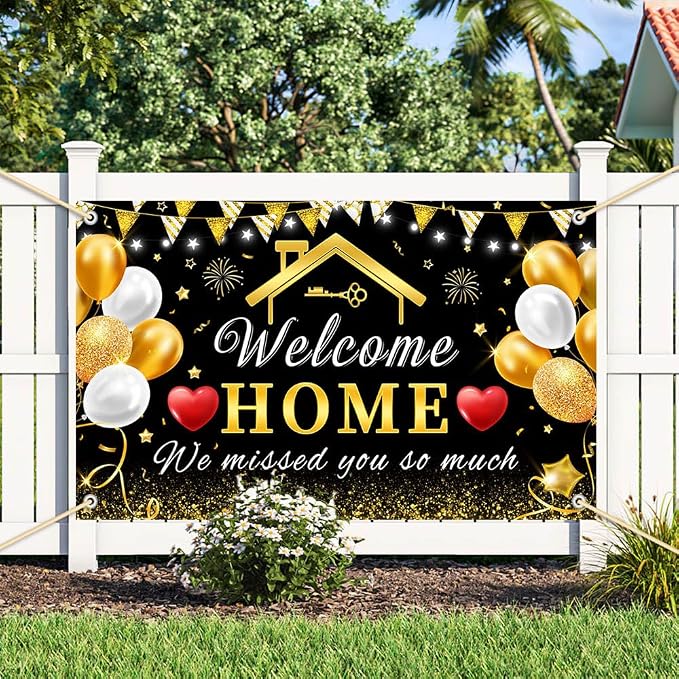 AIBIIN Welcome Home Banner Decorations Black Gold Welcome Home Backdrop - Image 8
