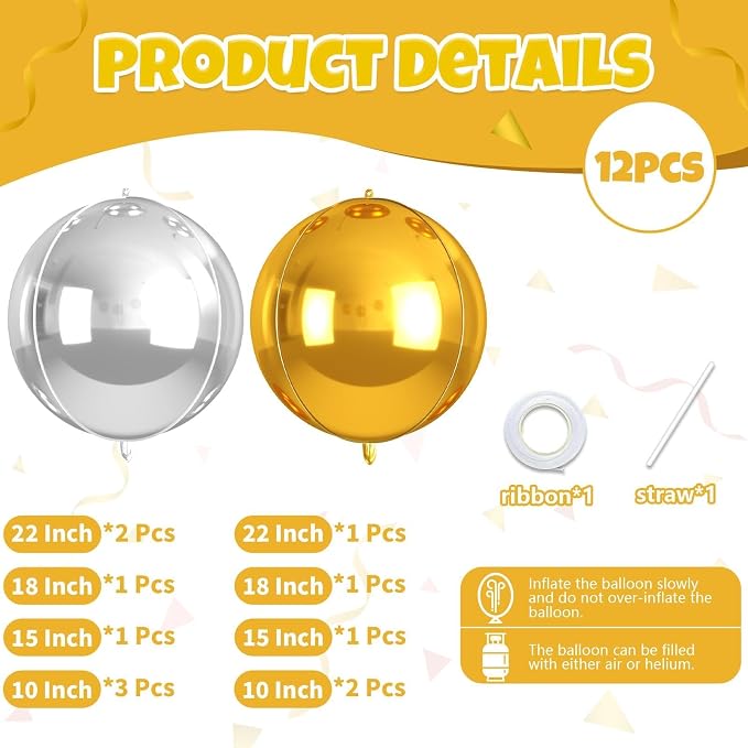 Gold and Silver Round Balloons Foil, Metallic Gold Silver Balloons - Image 2