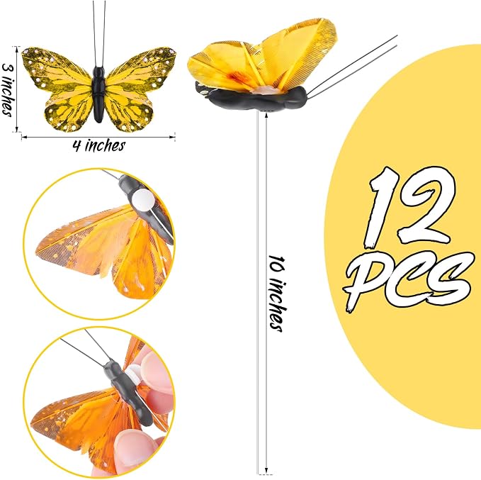 Ysleen 12 Set Monarch Butterfly Decoration Artificial Butterflies Feather Picks - Image 2