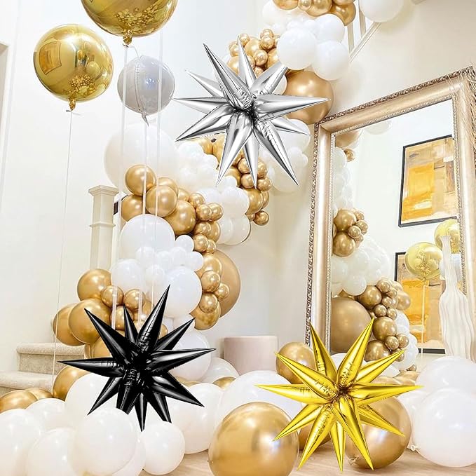 Black Gold Silver Foil Star Balloons, Cone Mylar Spike Balloons Fireworks - Image 4