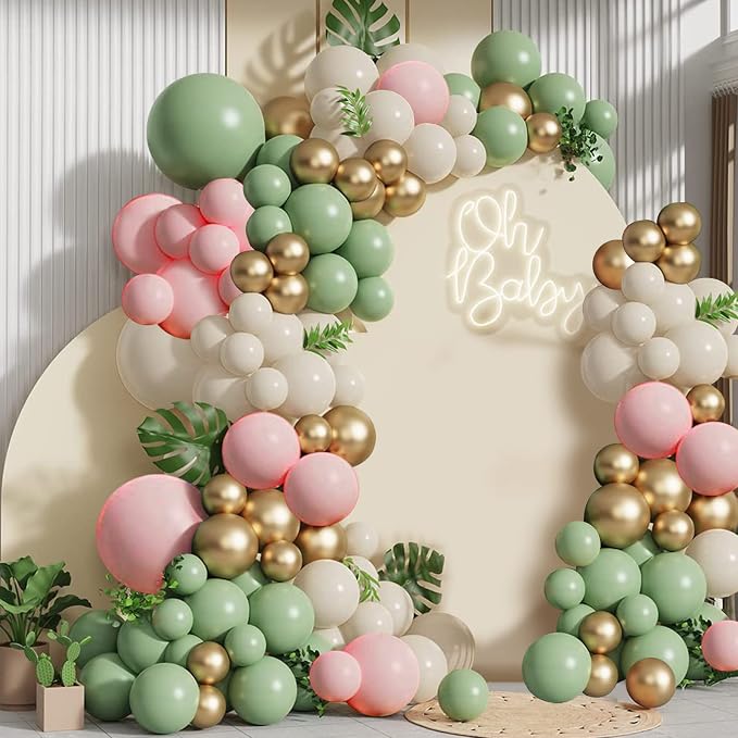 Sage Green Pink Balloons Garland Kit, Sand White Gold, Party Decor | Olive by Zesliwy