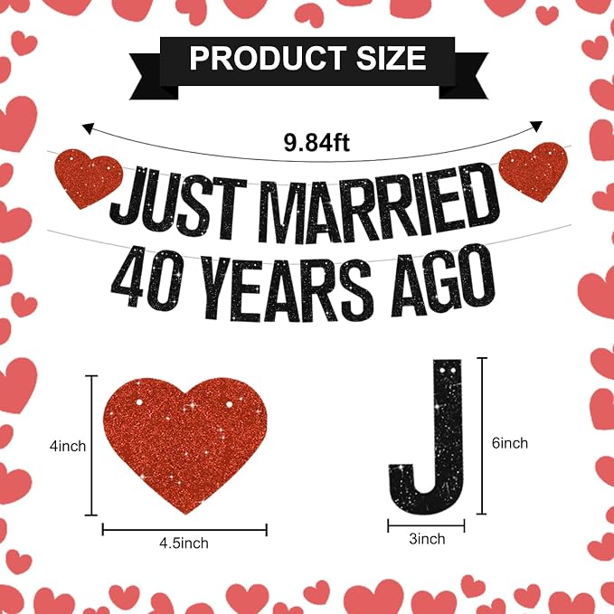 Black Glitter Just Married 40 Years Ago Banner, NO DIY, Pre-Strung 40th Wedding - Image 3