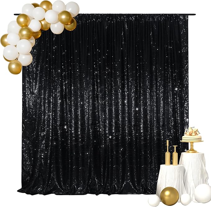 SquarePie Sequin Backdrop Less Transparent Background Sparkly Curtain for Wedding Halloween Party 4FT x 7FT Black