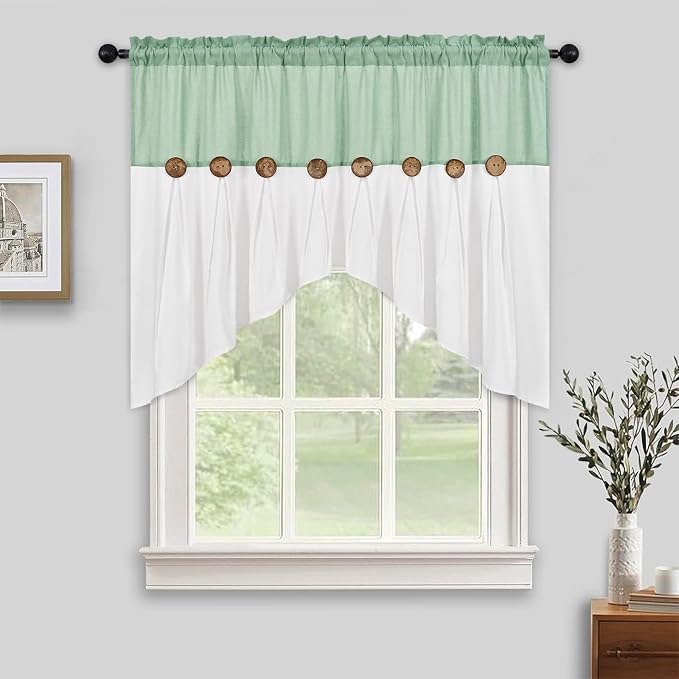 Farmhouse Swag Curtain, Boho Cotton Linen Valance Curtain, Sage Green Rustic - Image 2