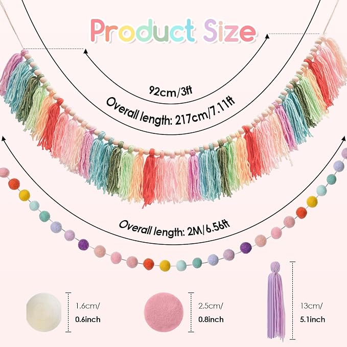 2pcs Longer Boho Tassel Garland, Pom Pom Tassel, Felt Ball Garland, Colorful - Image 3
