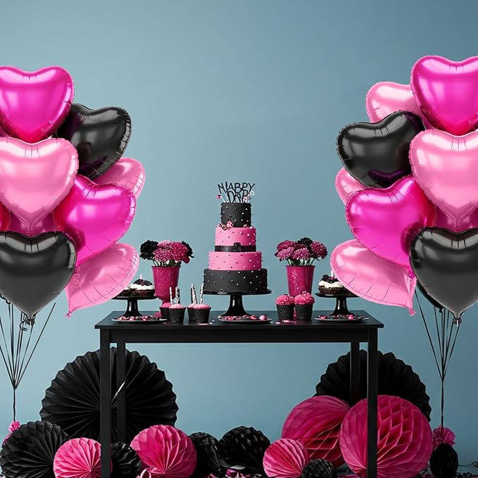 TONIFUL 30 Pcs 18 Inch Pink Black Hot Pink Heart Shape Foil Mylar Balloons | - Image 3