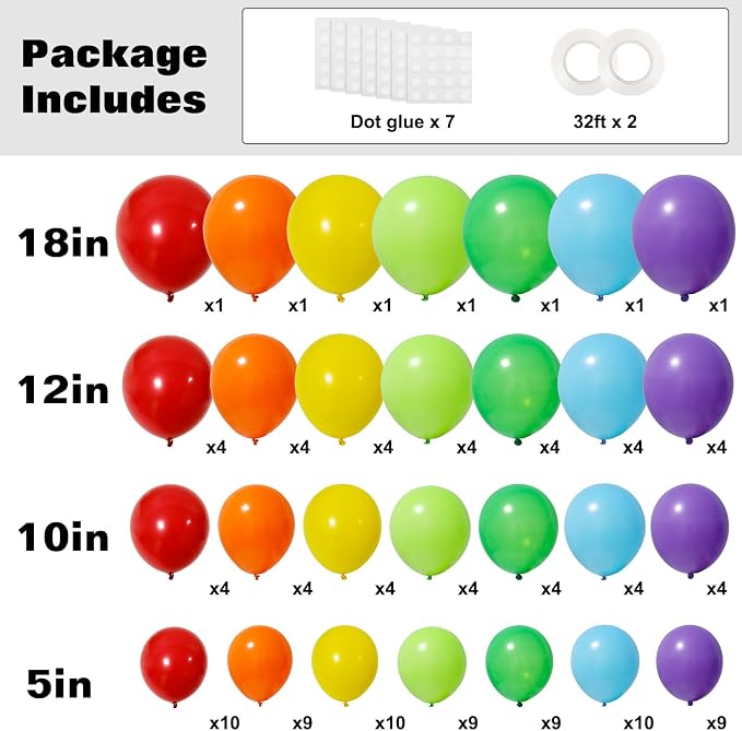 RUBFAC Rainbow Balloon Arch Kit 129pcs Different Sizes 18 12 10 5 Inch | Latex - Image 2