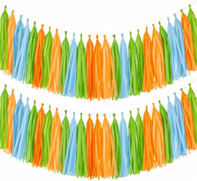 Green Orange and Blue Tassel Garland Banner, 30 Pack Paper Tassels Streamers by SIPRKAICT
