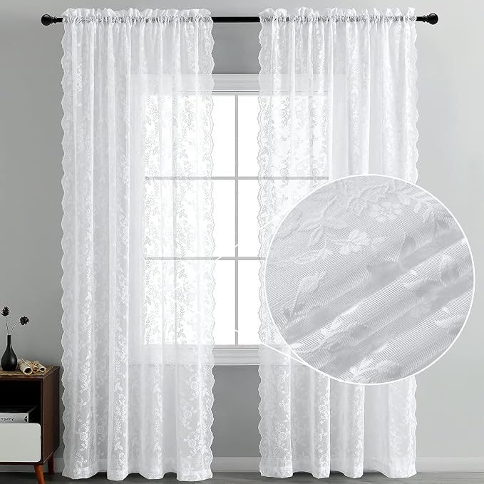 FINECITY White Lace Curtains Rustic Leaf Floral 42 x 84 Inch, 2 Panels | Rod - Image 2