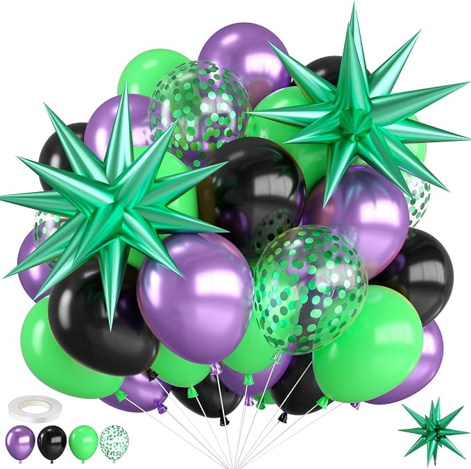 Purple and Green Balloons, 12 Inch Metallic Purple Black Green and Confentti by FEYG