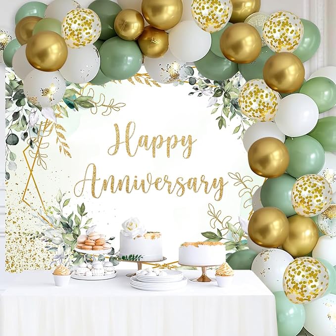 Withu Happy Anniversary Backdrop Sign Decorations Banner Sage Green Gold - Image 2