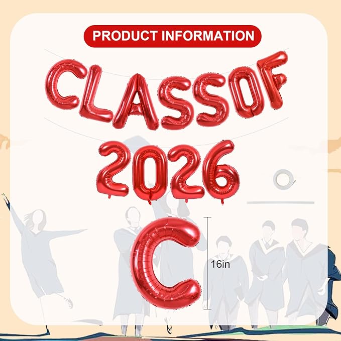 TONIFUL Red Class of 2026 Graduation Balloon Banners Foil Balloons Decorations - Image 2