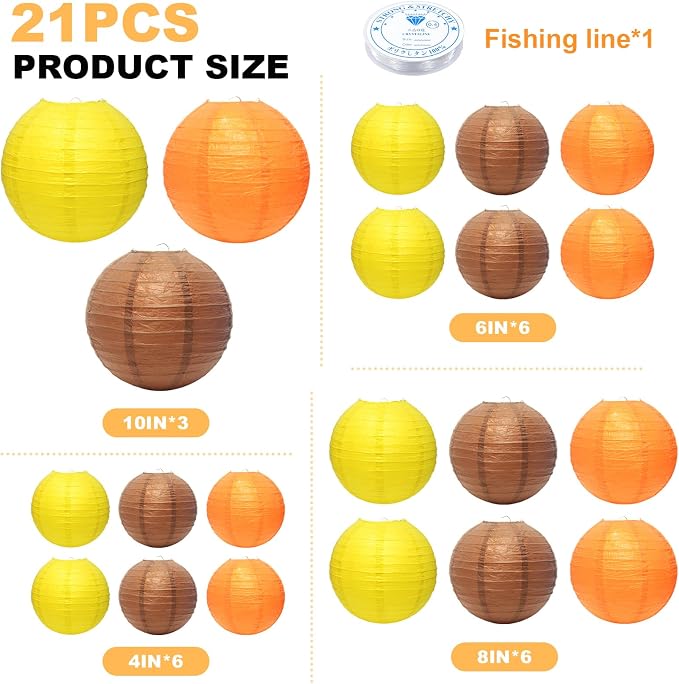 21Pcs Fall Paper Lanterns, 4-10in Yellow Orange Brown, Thanksgiving Decor | - Image 2