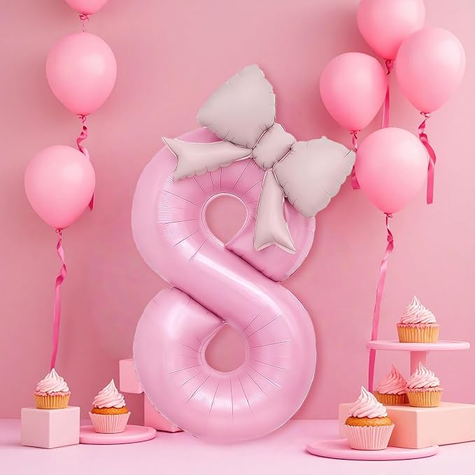 Bow Pink 8 Balloons, 40 Inch Giant Pink Bow Helium Foil Number 8 - Image 3