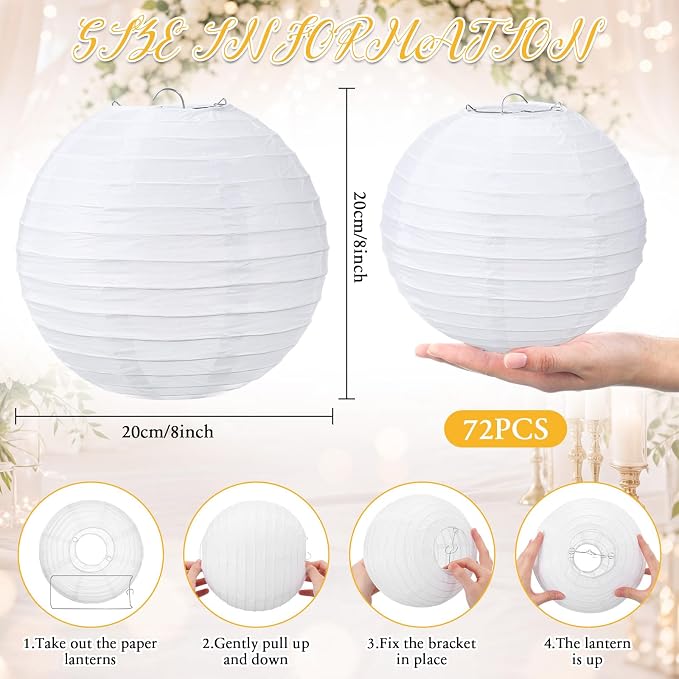 Treela 72 Pack White Chinese Japanese Paper Lanterns Decorative Hanging Round - Image 3