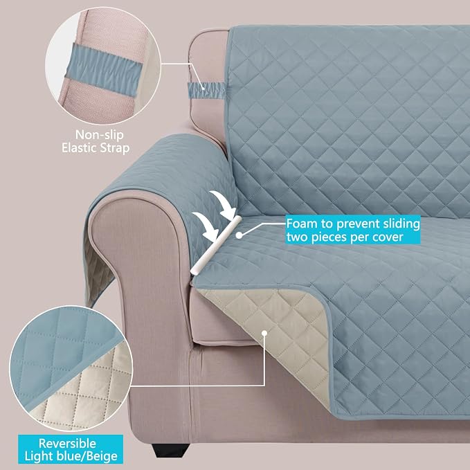 U-NICE HOME Reversible Recliner Chair Covers, Light Blue/Beige | 23''Armchair - Image 3