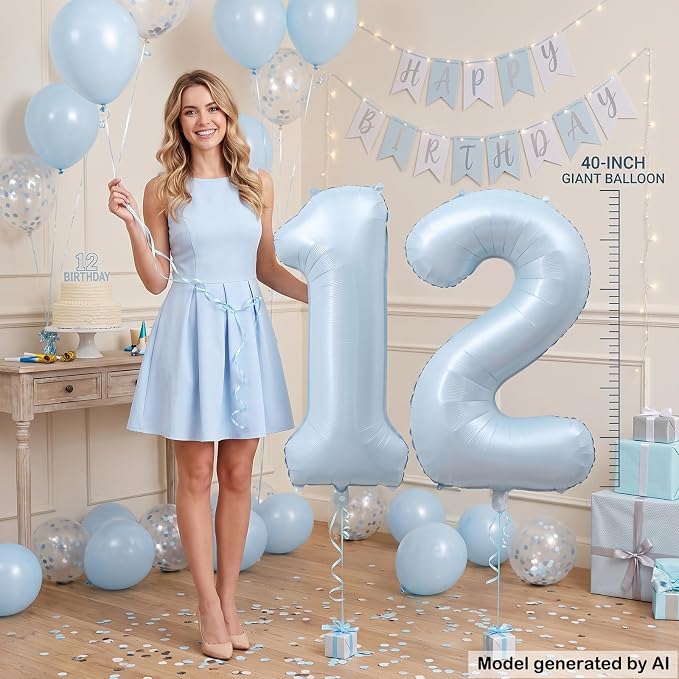 40" Light Blue Foil Number 12 Balloon - Image 4