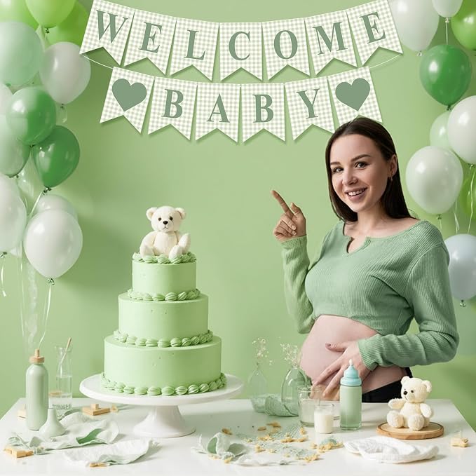 Hahafelt 1 Pcs Sage Green Gingham Welcome Baby Banner - Image 5