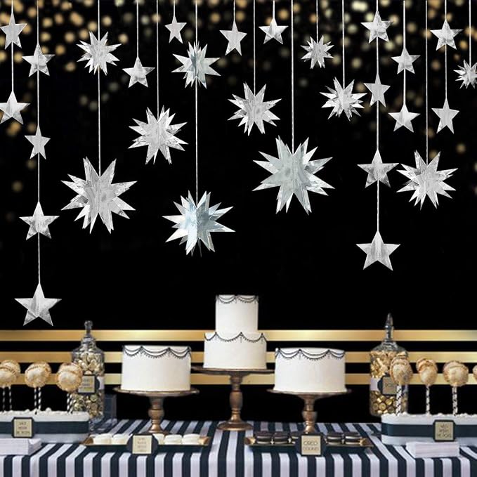 pinkblume Silver Star Garland Party Decorations Kit 3D Stars Metallic Bunting - Image 3