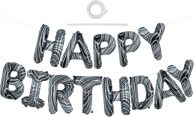TONIFUL Black Marble Happy Birthday Balloons Banner, 16 Inch Mylar Foil Letters by TONIFUL