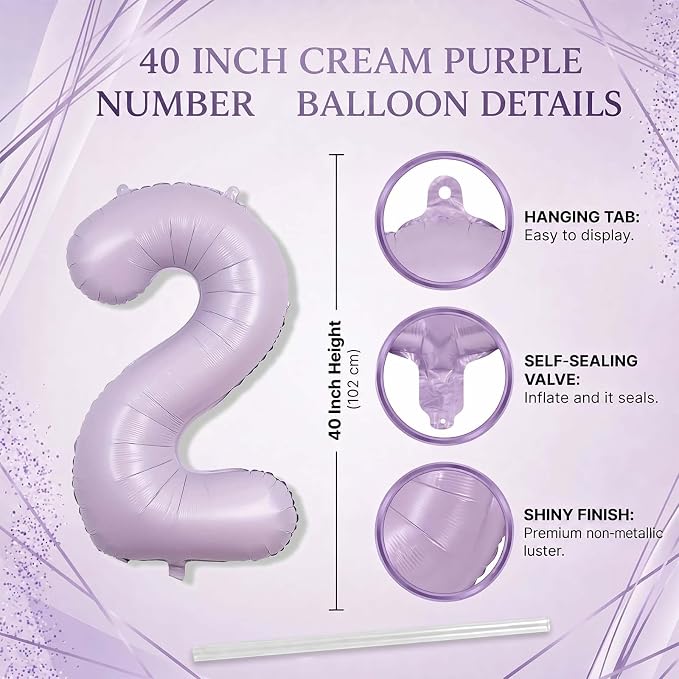Cream Purple Number 2 Balloon 40 Inch, Foil Numeral - Image 4
