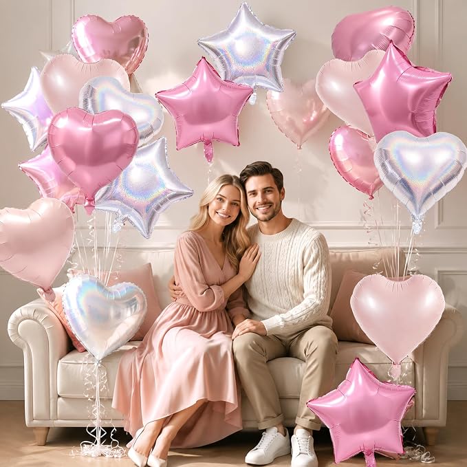 TONIFUL 18 Inch Pink Silver Star and Heart Foil Balloons - Image 3