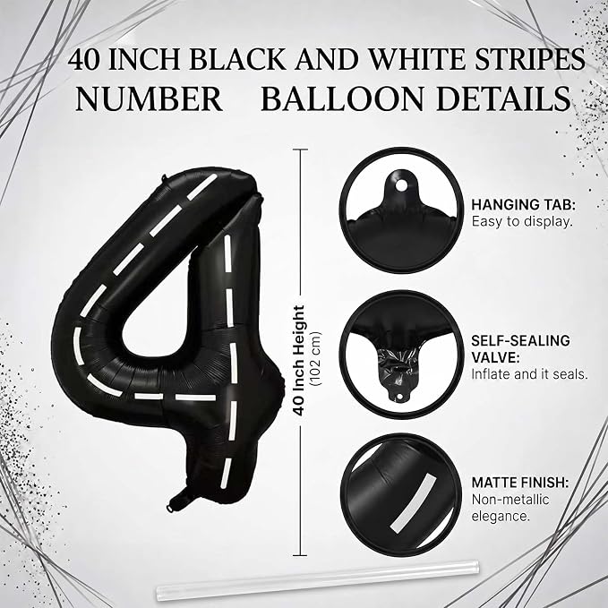 Black and White Stripes Number 14 Balloon 40 Inch, Foil Digits Track Decor | - Image 4