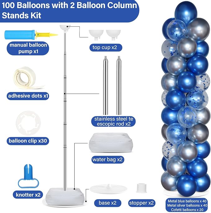 2 Sets Navy Blue and Silver Balloon Column Stand Kit - Image 2