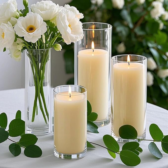 36 PCS Ivory White Pillar Candles with Glass Candle Holders Clear Hurricane Candle Holders Glass Cylinder Vases for Centerpieces Wedding Party, Event, Home Office (18 Candles+18 Candle Hoders)
