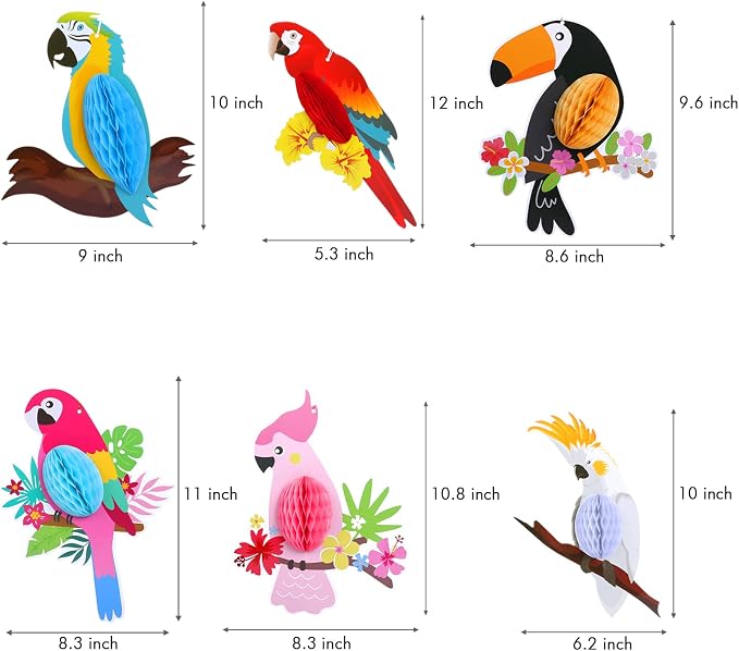 KESOTE Hawaiian Tropical Parrot Bird Honeycomb Hanging Party Decorations | - Image 7