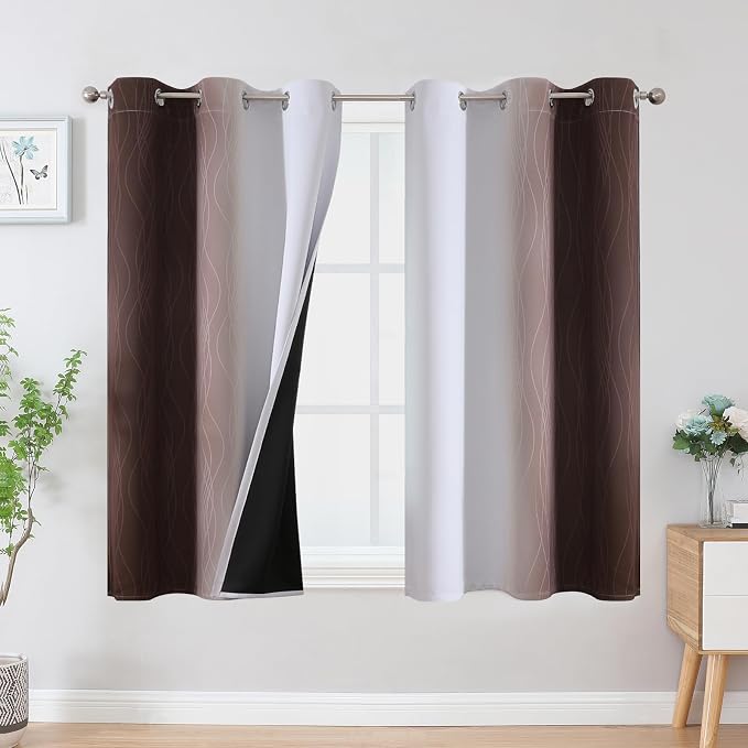 Brown and Greyish White Ombre Blackout Curtains 45 Inch Length 2 Panels by ESTELARTEXTILER