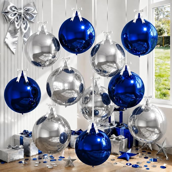 9 Pcs Blue Silver Round Foil Balloons Dark Navy Blue Metallic Silver Chrome 4D by Froova