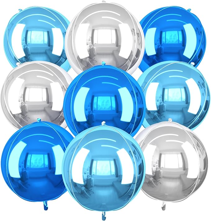 Blue Silver Round Foil Balloons 9 pcs, Metallic Giant 4D Round Balloons 22 Inch by Cledeco