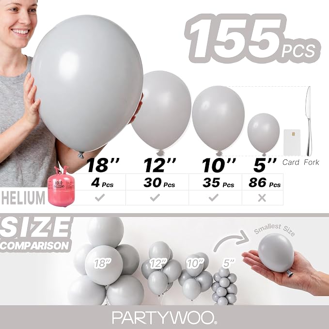 PartyWoo Gray Balloons 155pcs Different Sizes Pack of 18 12 10 5 Inch Matte - Image 6