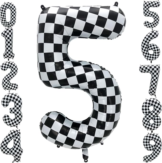 42 Inch Checkered Number Balloon 5, 5th Race Car Flag Birthday Party Supplies by Eoopoon