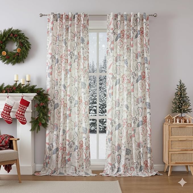 Kayne Studio Navy Red Jacobean Floral Rod Pocket Semi Sheer Curtains 95Inch | - Image 8