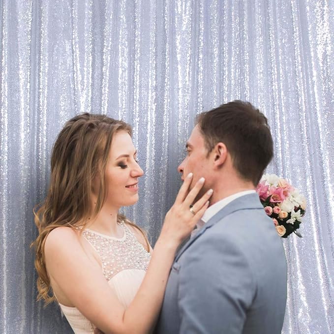 SquarePie Sequin Backdrop Curtain Not See Through Opaque Satin Photography Background for Wedding Patry 5FT x 7FT Silver