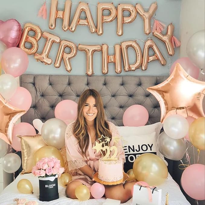 CANREVEL Happy Birthday Banner Decorations + 8Pcs Star Balloons, Rose Gold | - Image 4
