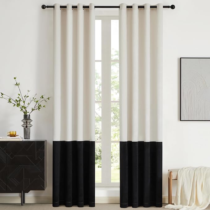Modern Cream White Black Decorative Velvet Curtains 90 inches 2 Panels | Color by ModernShinyVelvetCurtains