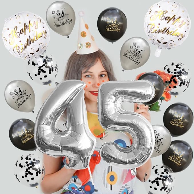 45th Birthday Decoration Silver Number 45 Balloon Set Black & gray Star Foil - Image 2