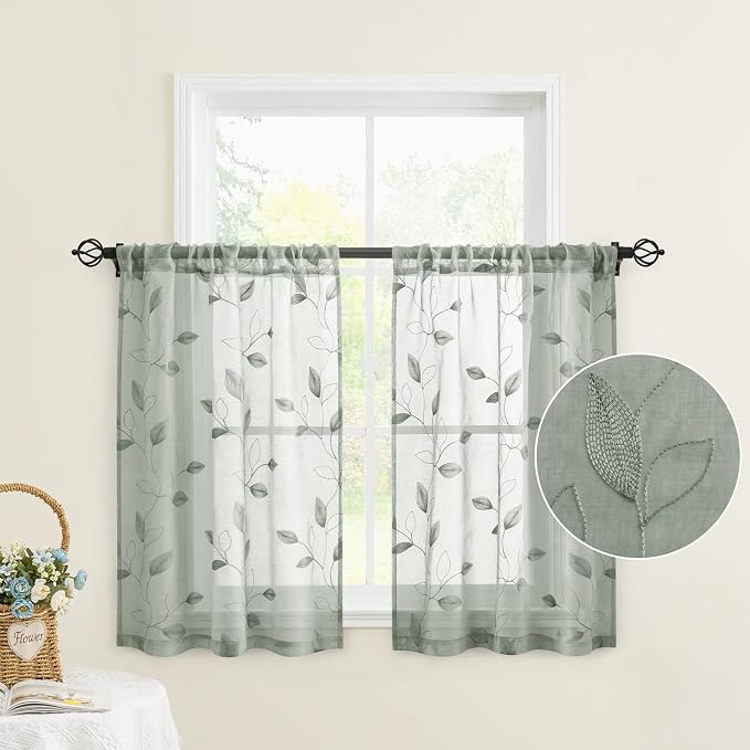 HOMEIDEAS Sage Green Sheer Kitchen Curtains 30 X 24 Inch Length 2 Panels - Image 2