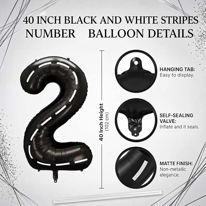 Black and White Stripes Number 12 Balloon 40 Inch, Foil Road Numeral | - Image 4