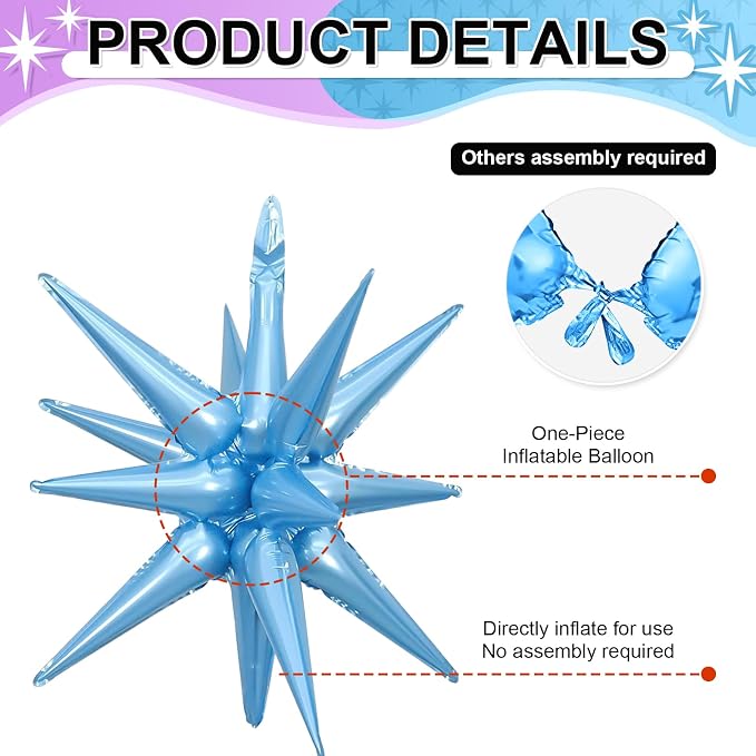 9Pcs Light Blue and Iridescent Star Balloons, Large Explosion Foil Balloons - Image 3