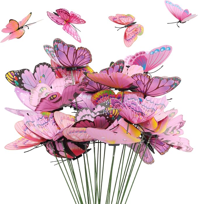 30PCS Pink Butterfly Decor Fake Butterfly Garden Picks by Wolpark