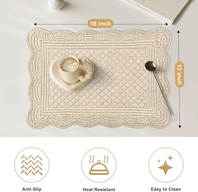 6 PC Quilted Placemats, 100% Cotton Fabric Washable Cloth Table Mats - Image 3