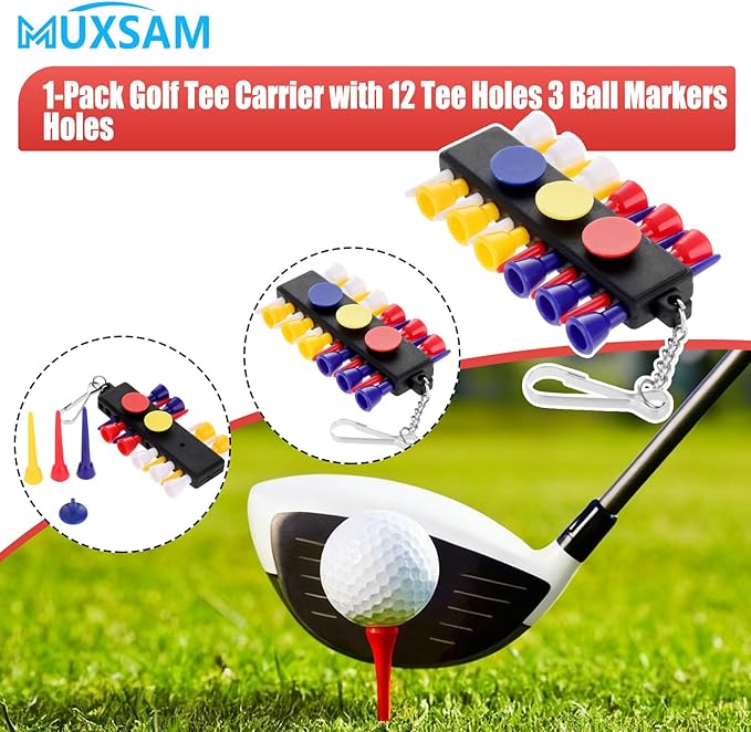 MUXSAM Black Golf Tee Holder for Bag, 1-Pack Golf Tee Carrier with 12 Tee Hole 3 Ball Markers Holes Keychain Golf Accessory