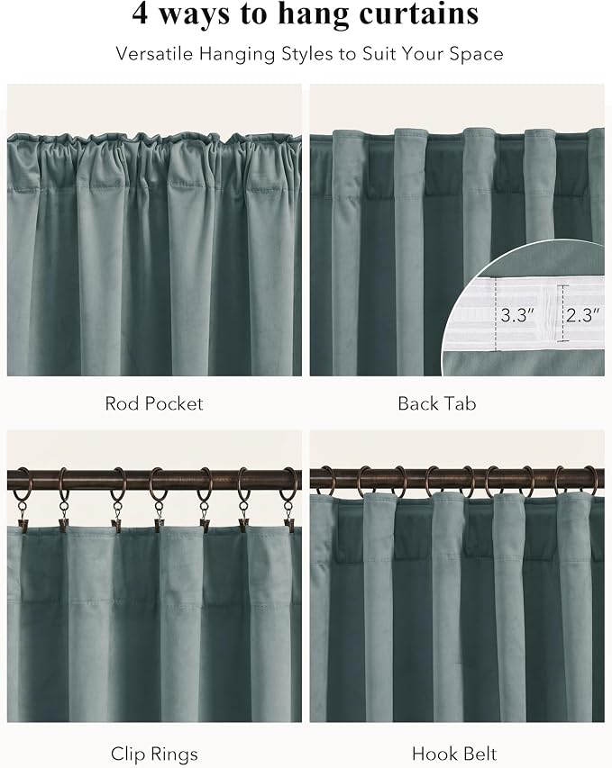 Dark Slate Velvet Curtains for Living Room, W52 x L96 inches, Back Tab Window - Image 2