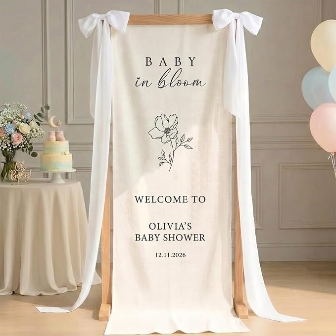 Personalized Baby in Bloom Baby Shower Fabric Welcome Sign Linen Backdrop 1 | by Unknown