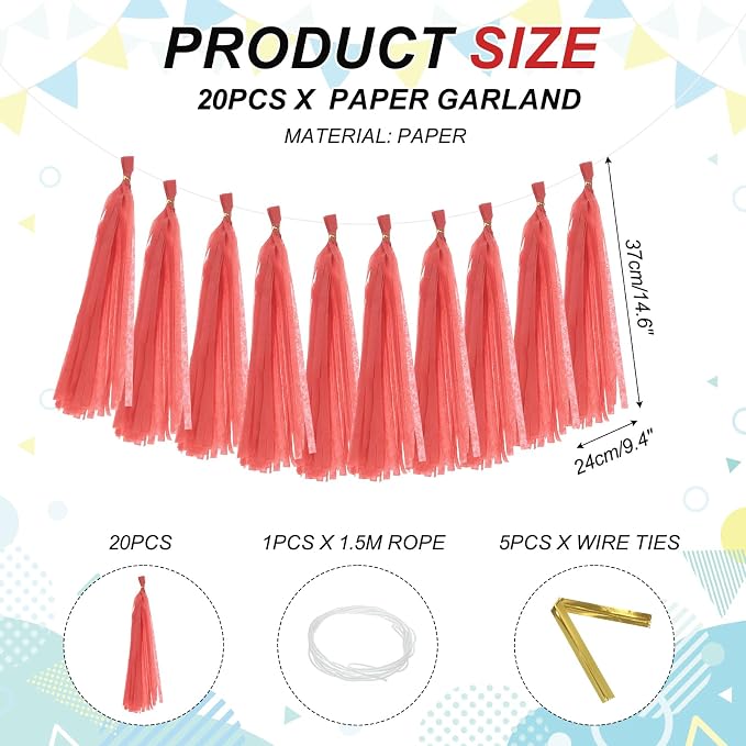 MECCANIXITY 20Pcs Tassel Garland Banner Tissue Paper - Image 2