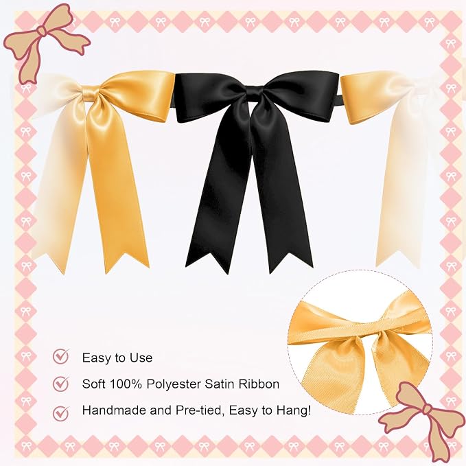 1 String of 8PCS Black&Gold Bow Garland Banner Decoration, Pre-Strung Satin - Image 3